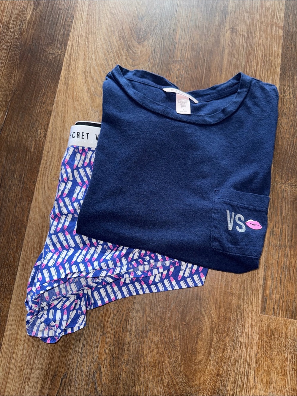 Victoria's Secret Navy Pocket Tee with Pink Detail & Patterned Blue Shorts